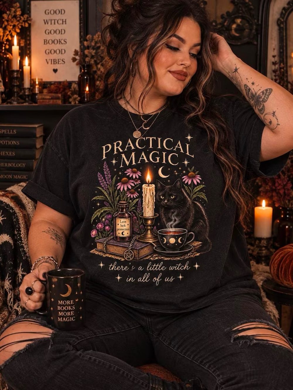 Comfort Colors Black 'Practical Magic' Cat Candle Graphic Tee - Picture 2 of 4